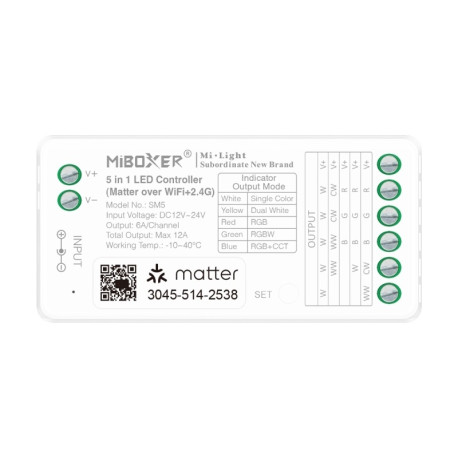 Matter Over WiFi + RF 2,4GHz prijímač 5in1 pre riadenie LED pásov DC12/24V 12A MiLight SM5