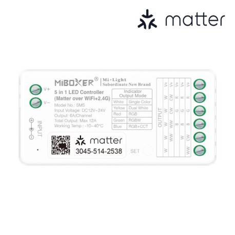 Matter Over WiFi + RF 2,4GHz prijímač 5in1 pre riadenie LED pásov DC12/24V 12A MiLight SM5