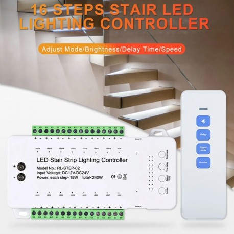 Schodiskový ovládač LED osvetlenia s PIR detekciou 16-kanálov DC 12/24V 240W RL-STEP-02