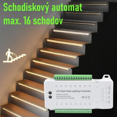 Schodiskový ovládač LED osvetlenia s PIR detekciou 16-kanálov DC 12/24V 240W RL-STEP-01