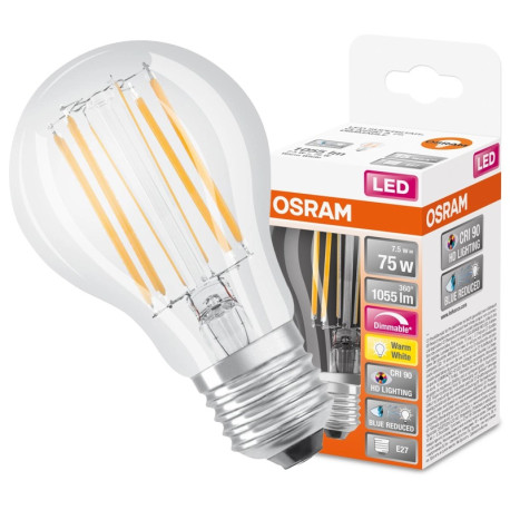 LED žiarovka E27 A60 Filament LED 7,5W 1055Lm Warm White CRI90 DIMM CLEAR OSRAM