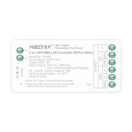 WiFi/RF 2,4GHz kontrolér 5in1 pre LED pásy SPI+DMX 5-24VDC 10A MiLight SPIW5