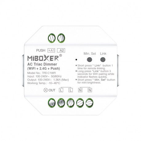 Triakový stmievač WiFi + RF 2,4GHz + PUSH 1x1,36A, AC100-240V, MiLight TRI-C1WR