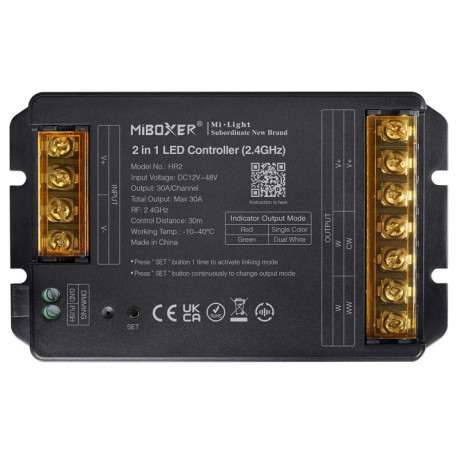 RF 2,4GHz prijímač 2in1 pre riadenie MONO a CCT LED pásov 30A DC12/48V MiLight HR2