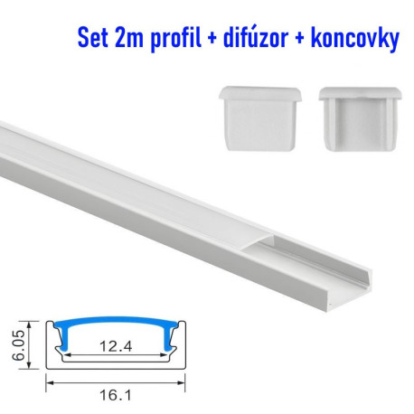 Set  - 2m hliníkový profil pre LED pásy N02 biely lakovaný + difúzor polomliečny
