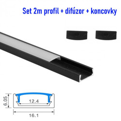 Hliníkový profil pre LED pásy N02-prisadený - čierny anodovaný + difúzor matný polomliečny