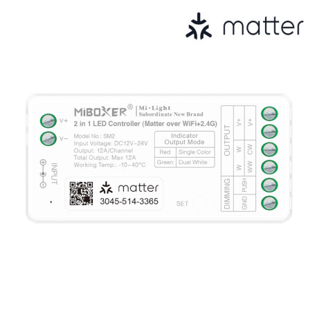 Matter Over WiFi + RF 2,4GHz prijímač + PUSH 2in1 pre riadenie LED pásov DC12/24V 12A MiLight SM2