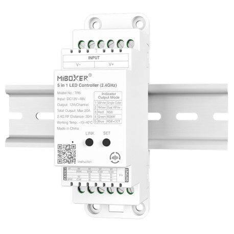 RF prijímač na DIN lištu 5in1 pre riadenie LED pásov DC12/48V 20A MiLight TR5